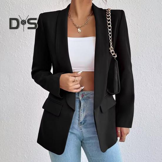 Dámský oblekový kabát jaro podzim jednobarevný business oblek kabát klopa dlouhý rukáv klopa kapsy otevřená přední bunda