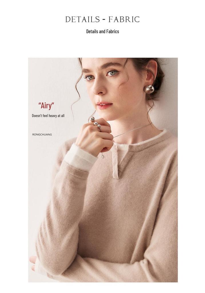 Korean Style Color Block Women's Cashmere Knit Patchwork Top - Fake Two-Piece, Round Neck, Long Sleeve