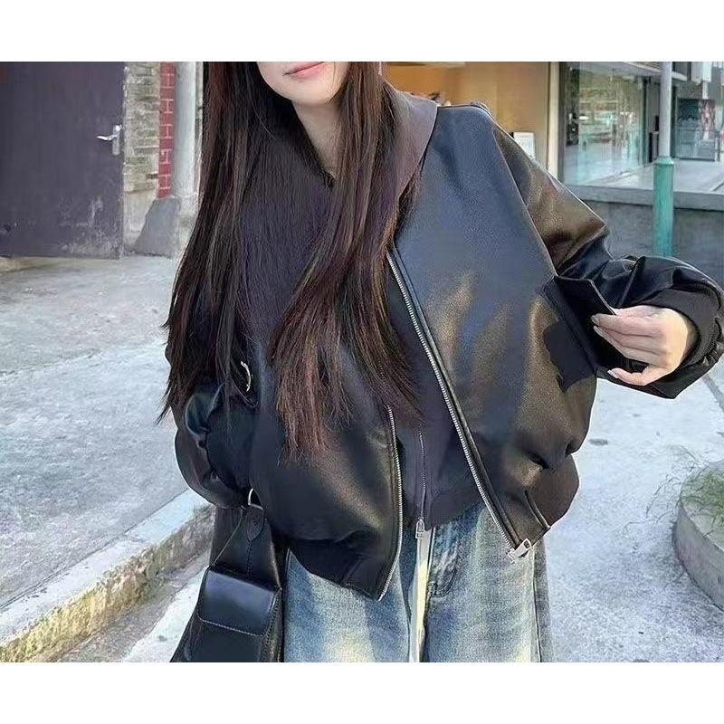 Women S Black Short Long Sleeve Baseball Faux Leather Jacket