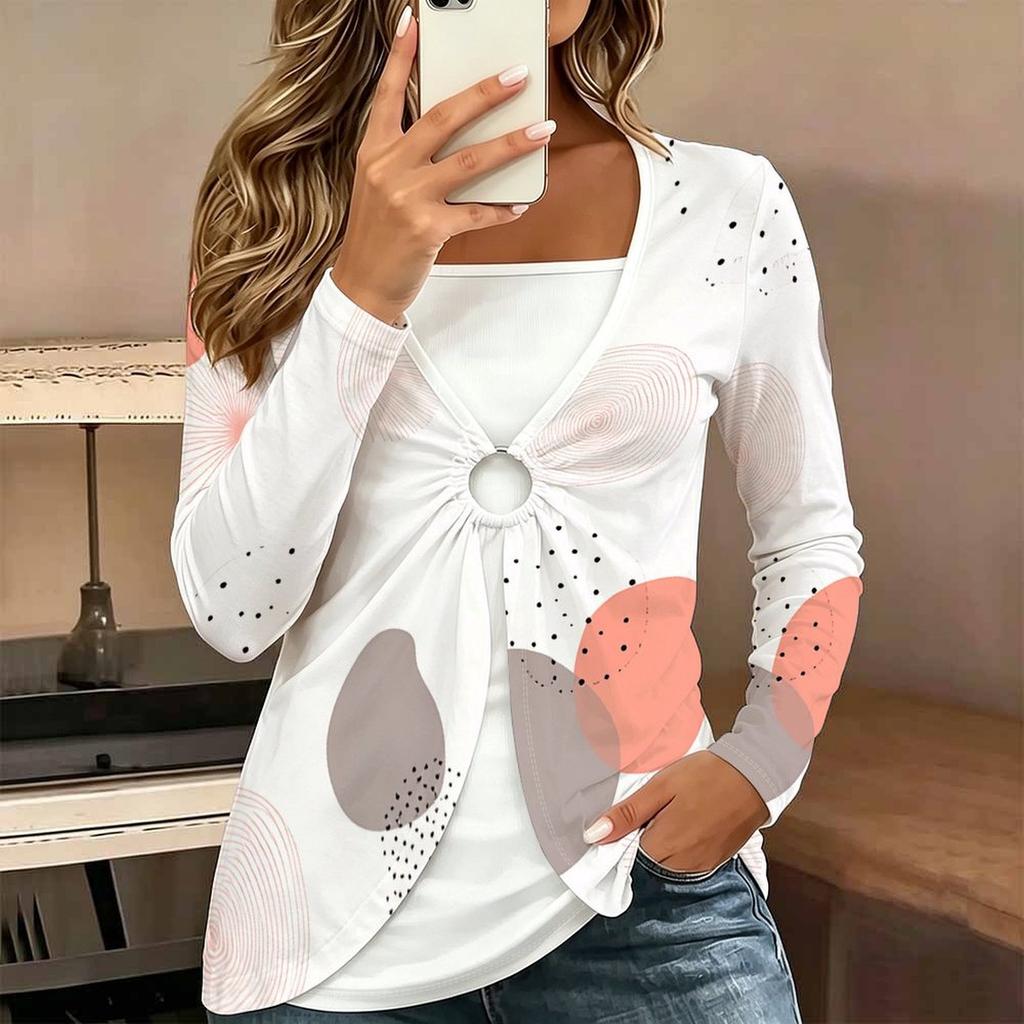 Tops for Women Geometric Print Long Sleeve Fake Two‑Piece Top Fall Casual Slim Pullover Women's Long Sleeve Top