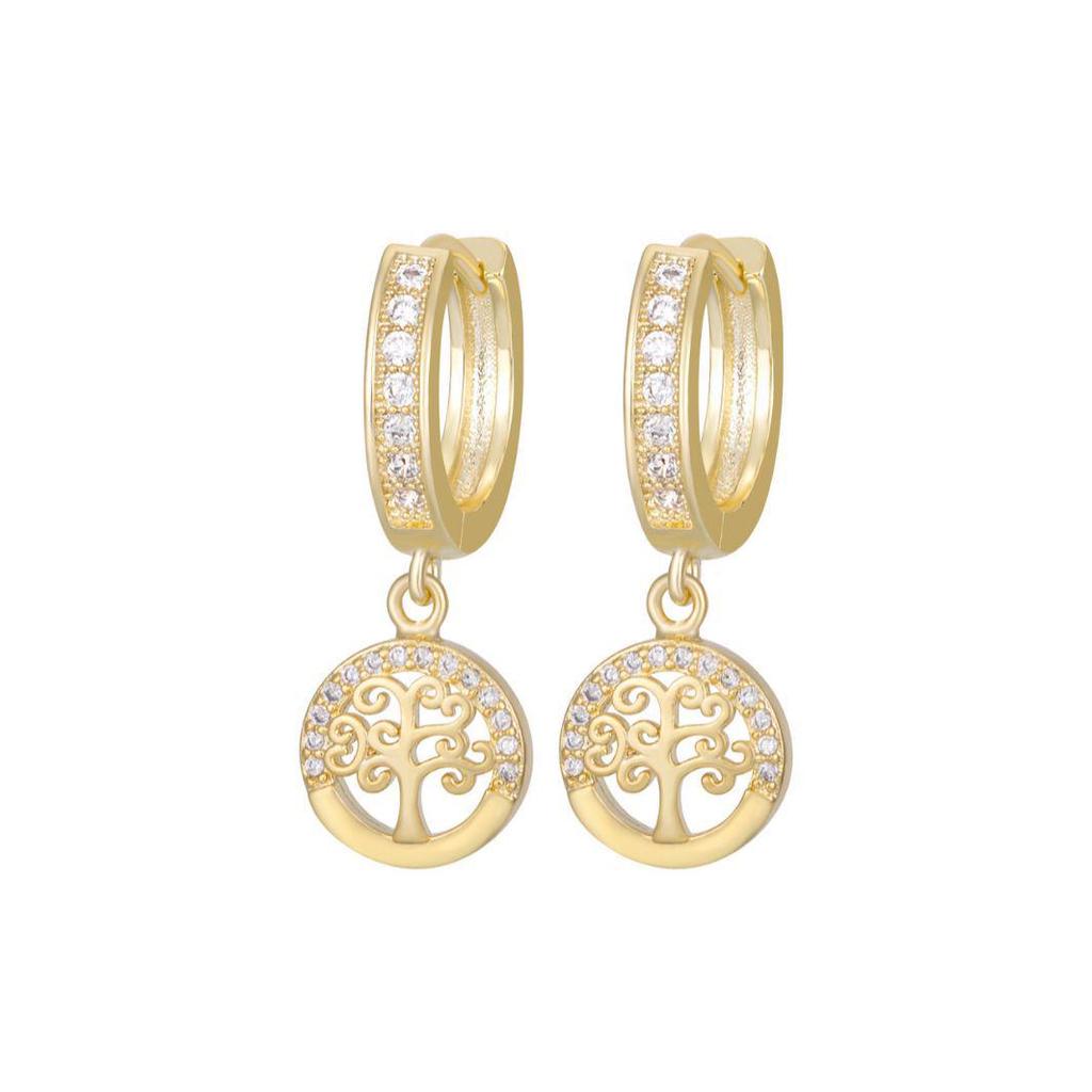 18K Gold Plated Diamond Tree of Life Ear Climbers & Round Pendant Dangle Earrings for Women - Light Luxury Jewelry