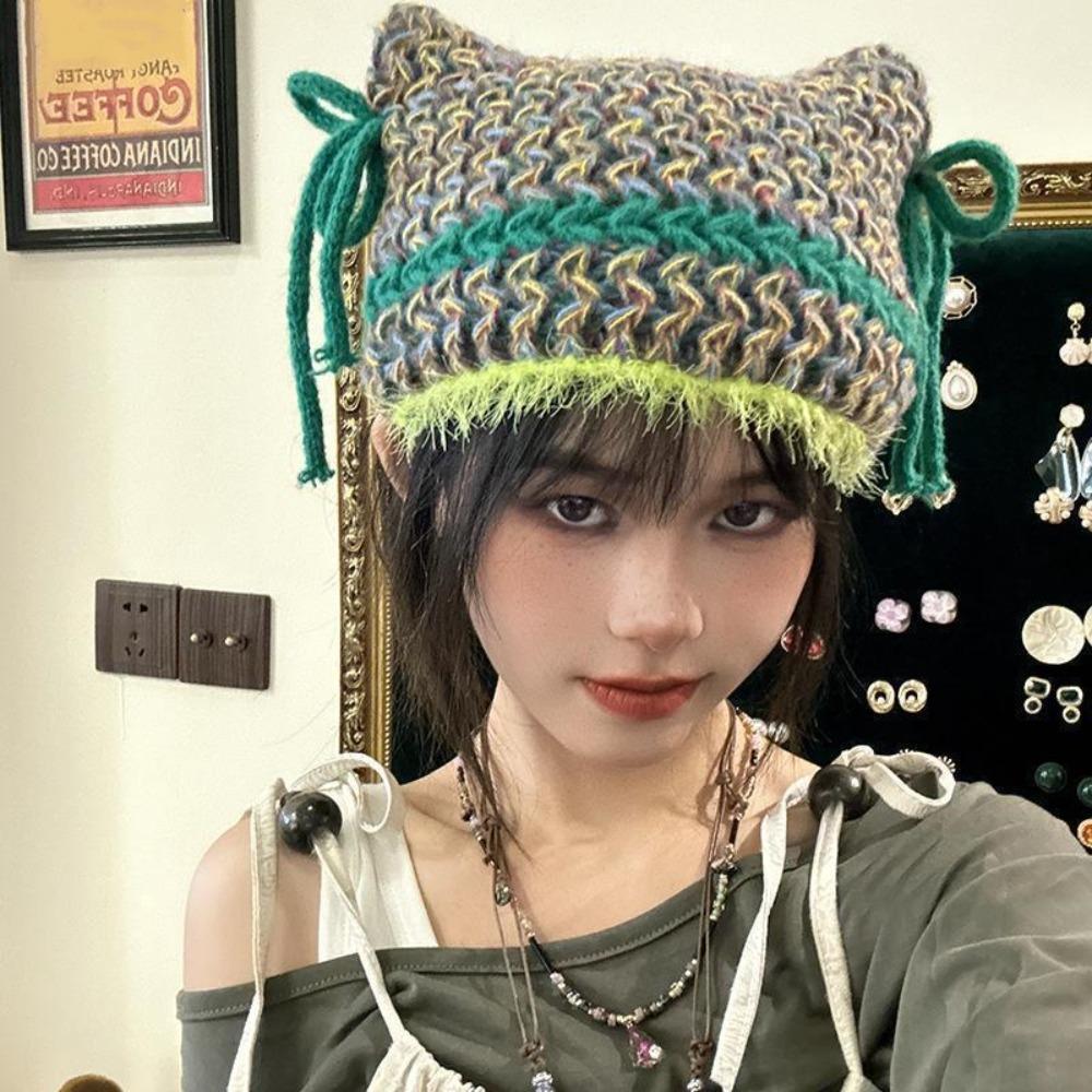 

Striped Woolen Hat Womens Contrasting Color Beanies Cap Fashion Knitted Hat Autumn and Winter зелёный