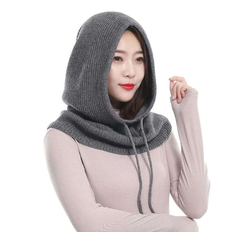Women Winter Hat Female Knitted Hooded Scarf for Women Windproof Warm Windproof Wool Cap