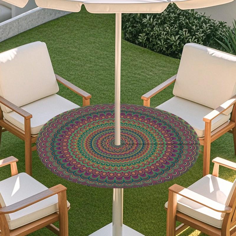 Outdoor Round Table Cover With Geometric Waterproof Elastic Hem Patio Garden Deck
