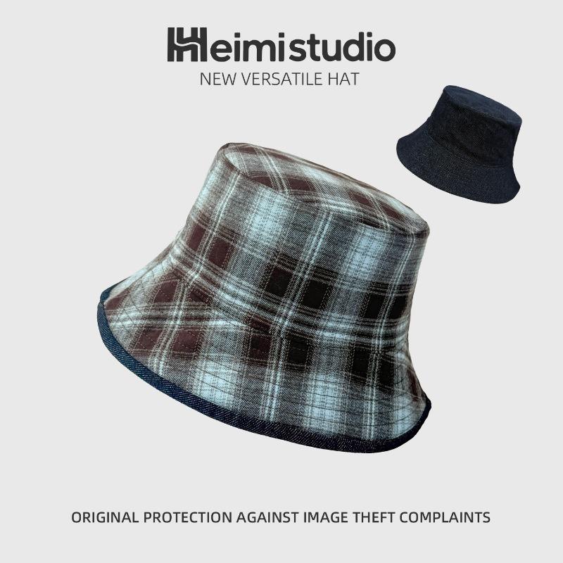 25 early autumn new double-sided can wear denim bucket hat women's high-end sense large grid show face small hat tide