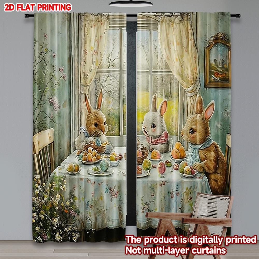 2D Flat Printing 2pcs Party Curtains Realistic Watercolor Flowers with Rabbits Digital Printed Polyester Drapes All Season Party