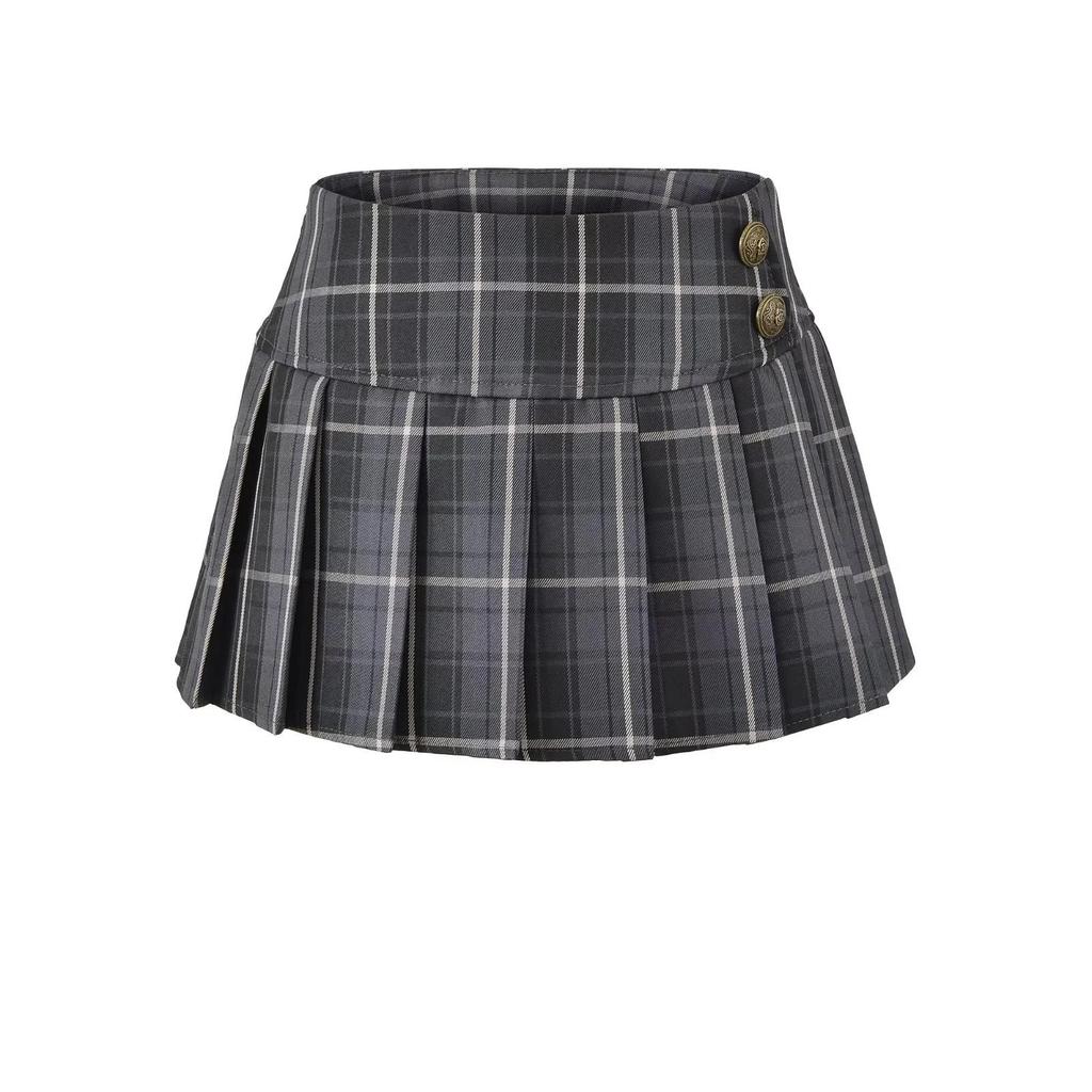 American Retro Low-Waist Plaid A-Line Mini Skirt - Women's College Style, Pleated, for Spring/Autumn