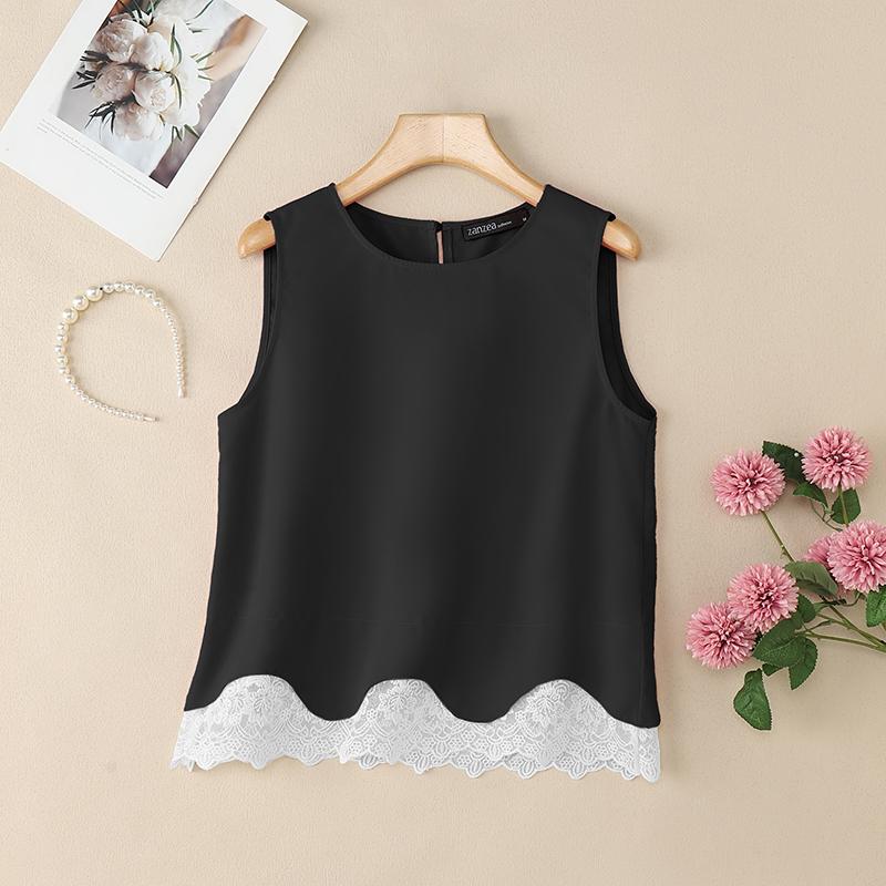 ZANZEA Women Lace Splice Summer Casual Round Neck Sleeveless Tank Tops
