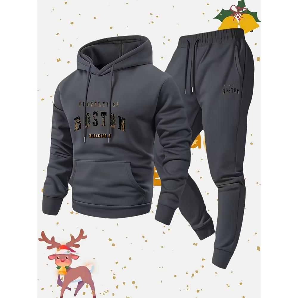 Spring and Autumn Warm Men's Hoodie Set Sports and Leisure Two Piece Set Boston Printed Hoodie and Casual Pants Combination