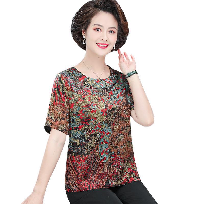 Women's Loose-Fit Mulberry Silk Top - Short Sleeves, Plus Size, Slimming, Printed Summer T-shirt