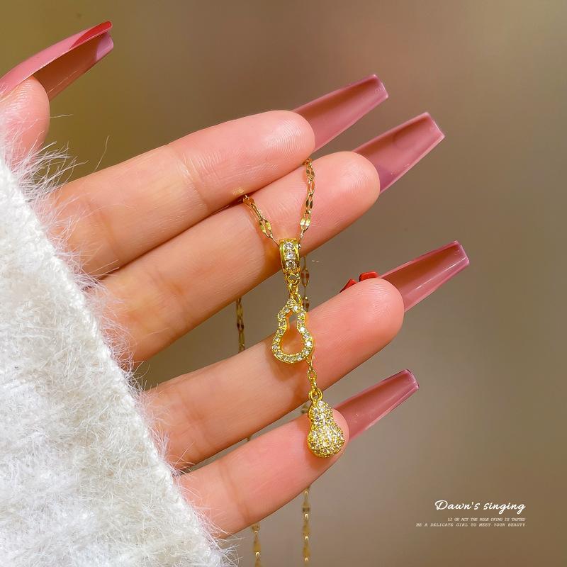 Titanium Steel Micro-Inlaid Diamond Gourd Necklace Women'S 2021 New Clavicle Chain Light Luxury Niche Design Sense