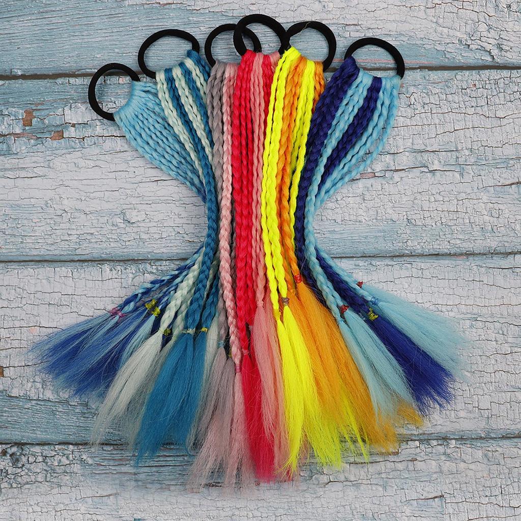 Rubber Band Ponytail Short Colored Braided Hair Extension Rainbow Colorful Synthetic Ponytails for Girls Daily Party Use