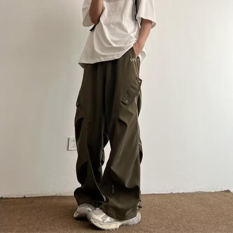 

Мужская одежда Boyfriend Брюки Карго Широкие штанины Однотонные эластичные с высокой талией Карманы Весна Осень High Street England Брюки XL армия зеленый