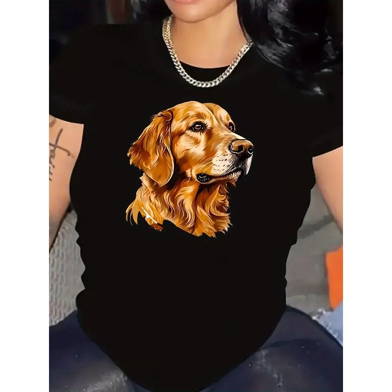 European Size Women's Casual Short Sleeve T-Shirt with Cute Golden Retriever Graphic Print - Soft Stretch Round Neck Tee