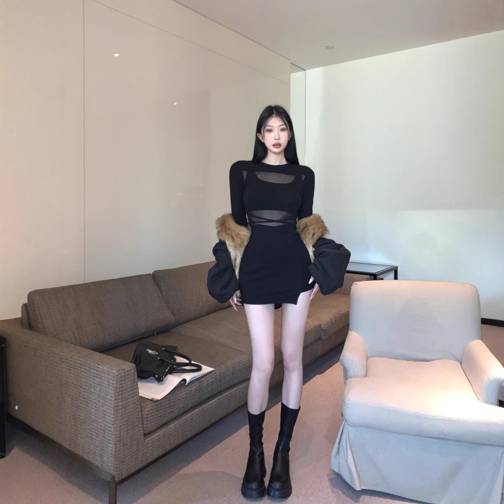 Spice Girl Sexy Mesh Black Long Sleeve Dress Women's Autumn New Black Slim Skinny Buttocks Short Dress