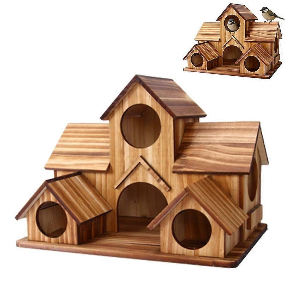 Wooden Bird House for Outdoor Garden Decor, 5-Hole Hanging Nesting Box for Bluebirds, Finches, Wrens, Chickadees, Hummingbirds - 9.8 X 7.5 X 6.3