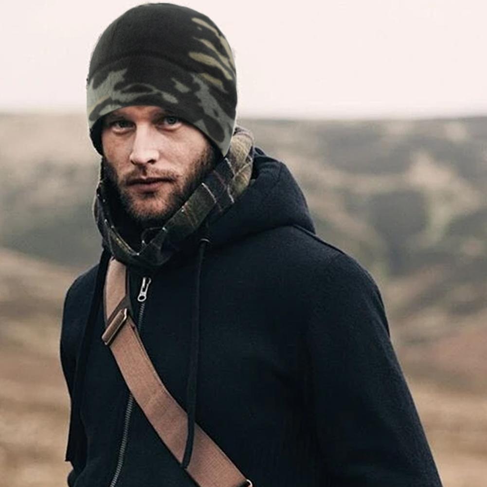 Reversible Windproof Fleece Beanie Hats Mens Winter Skull Cap Camouflage Thick Beanie Unisex Stretchy Cuffed Beanie with Fleece