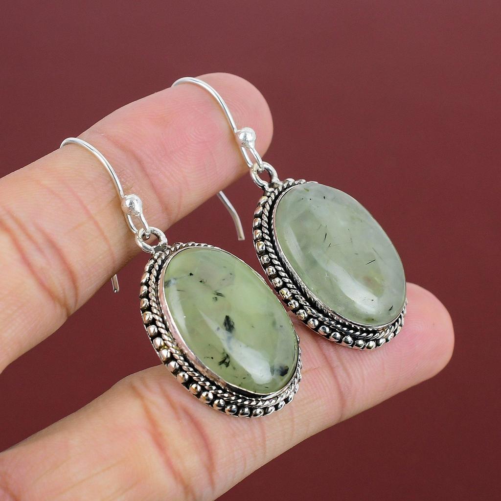 Moss Prehnite Earrings Vintage Earring Natural Gemstone Jewelry 925 Sterling Silver Earring Handmade Earring Decent Jewelry Gifts For Mother