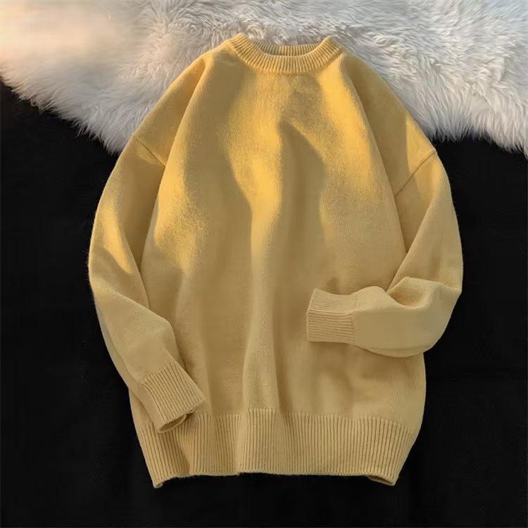 Men's Spring Loose Fit Round Neck Solid Color Pullover Sweater – Hong Kong Style Casual Top