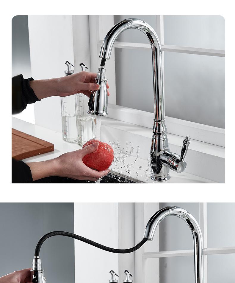 Elegant European-Style Brass Kitchen Faucet with Pull-Out Sprayer for Hot and Cold Water