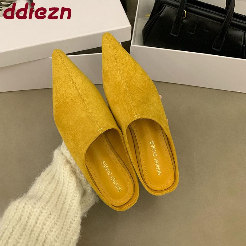 Fashion Fashion Flock Women Low Heel Pumps Shoes Slides Mules Female Shallow Footwear Pointed Toe Ladies Heeled Shoes Sandals  lady
