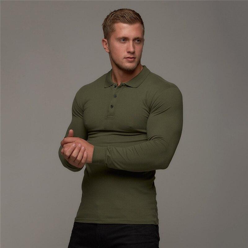 

Чоловіча сорочка поло Muscleguys, бавовняна дихаюча фітнес, довгий рукав, осінній спортивний одяг XL армія зелений колір