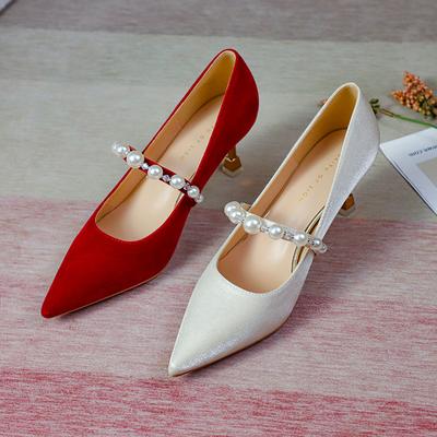 Frühling und Herbst Einzelne Schuhe Damen High Heels, dünner Absatz, Perlenriemen, spitze Schuhe, Hochzeitsschuhe, Mode, Hochzeitsbankett Damenschuhe