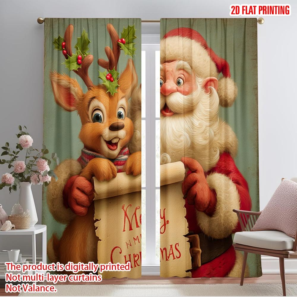 2 Stück, 2D-gedruckte Fenstergardine mit Weihnachtsmann- und Rentiermotiven aus Polyester (ohne Stange) Festlich – ideal für Schlafzimmer und Wohnzimmer