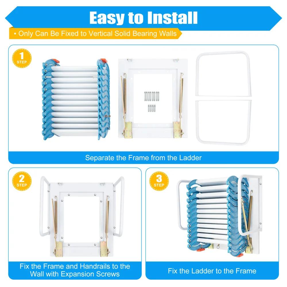 12.5ft Height Attic Ladder Loft Stairs Steps Folding Pull Down Stairs With Anti-slip feet & Alloy Steel Spring Easy To Install