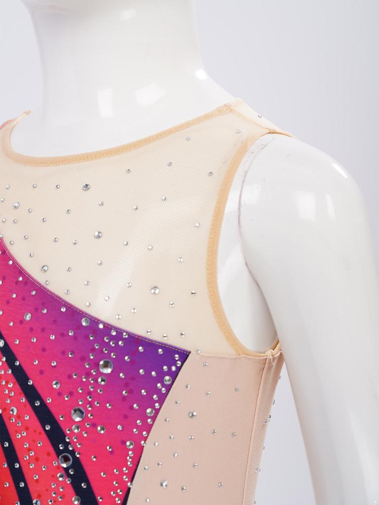 Maillot de ballet pour enfant à manches courtes, bloc de couleurs, strass, body en maille avec fermeture à pression à l'entrejambe pour gymnastique rythmique, spectacle sur scène