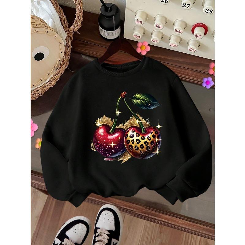 Girls' Cozy Winter Warmth - Trendy Cherry Print Crewneck Sweatshirt with Golden Accents,