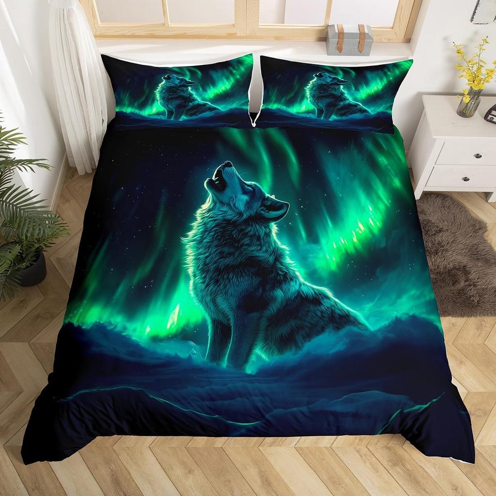 Comforter Wolf Twin King Size Roaring Wolves Wildlife Bedding Set Aurora Animals Galaxy Print Comforter For Kids Boys