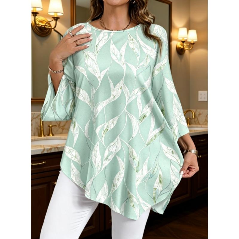 Elegant Plus Size Women's Top, Casual Full-Pattern Asymmetrical Hem, Beautiful