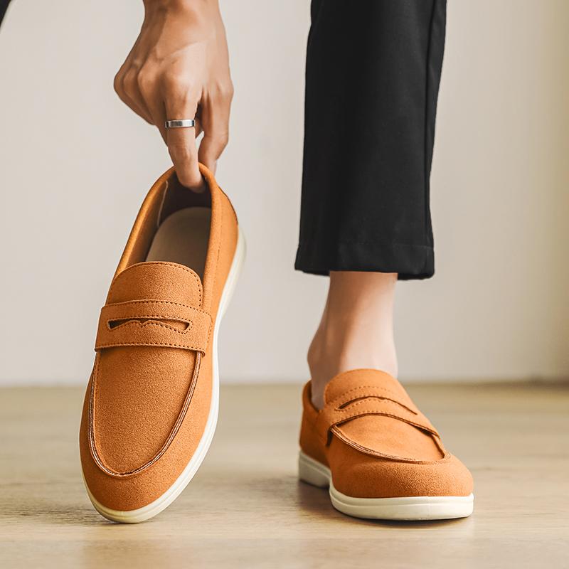 Britain New Retro Pointed Suede Leather Slip On Flats Shoes Men Casual Penny Loafter Formal Dress Footwear Zapatos Hombre