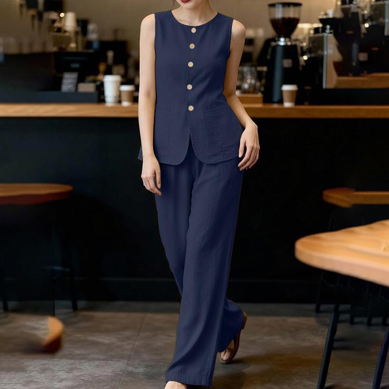 ZANZEA Women Sleeveless Vest Tops and Long Pants Summer Two Piece Suit Sets