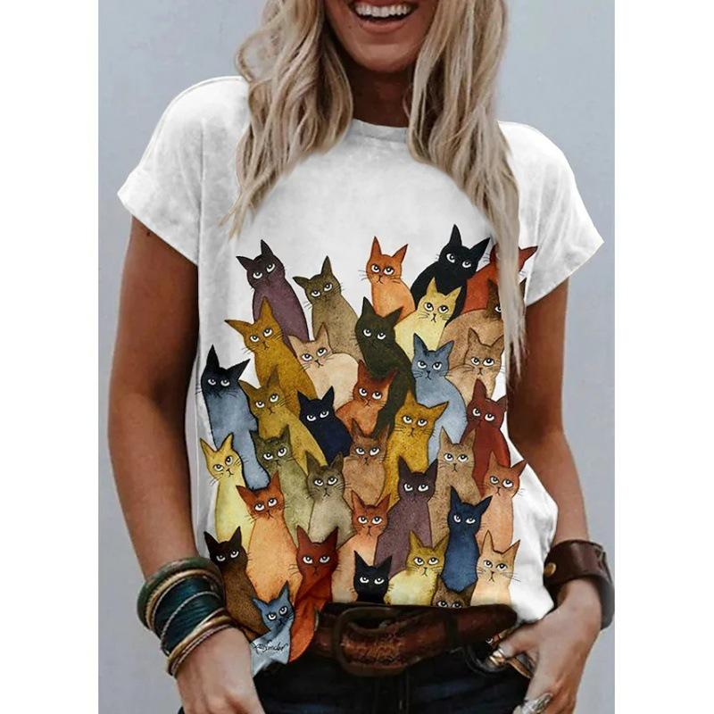 3D Cat Painting Women's T-shirt Cat Image Printing Round Neck Casual Summer Tops