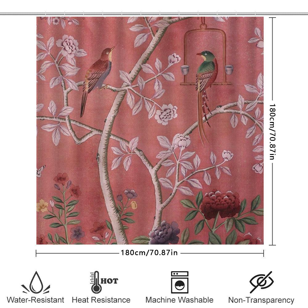 Vintage Bird Bathing Shower Curtain Decorative Home Decoration Pink Floral Design Bathroom Linen 72X84