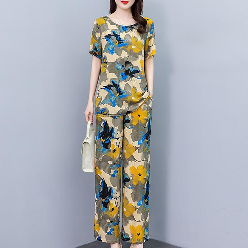 Plus Size Sommer-Vintage-Druck-Hosen-Sets mit weitem Bein, lässig, elegant, lockere Sets für Damen, 2-teilig