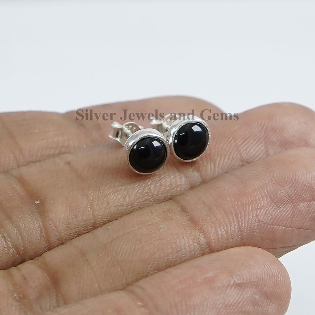 Round Black Onyx Stud Earrings, 925 Sterling Silver Studs, Tiny Onyx Studs, Anniversary Gift, December Birthstone, Handmade Studs