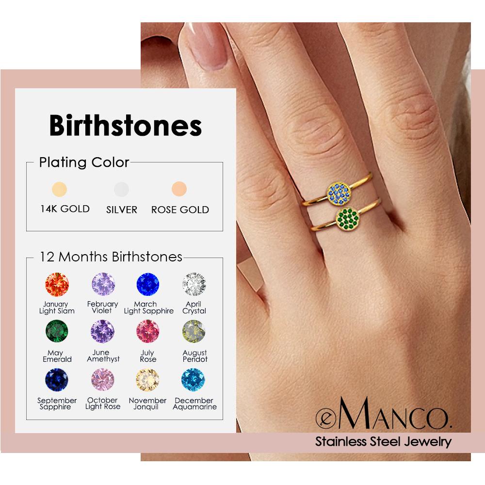EMANCO New Zirconia Birthstone Ring 12 Color Stainless Steel Colorful Ring Anniversary Gift