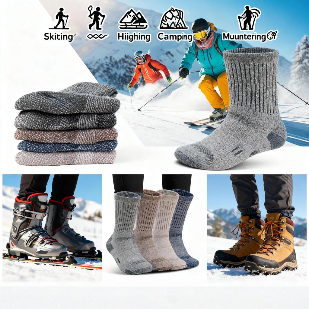 Merino Wool Socks Thick Warm Mid-Calf Socks Non-Slip Anti-Odor Terry Socks for Outdoor Hiking Skiing