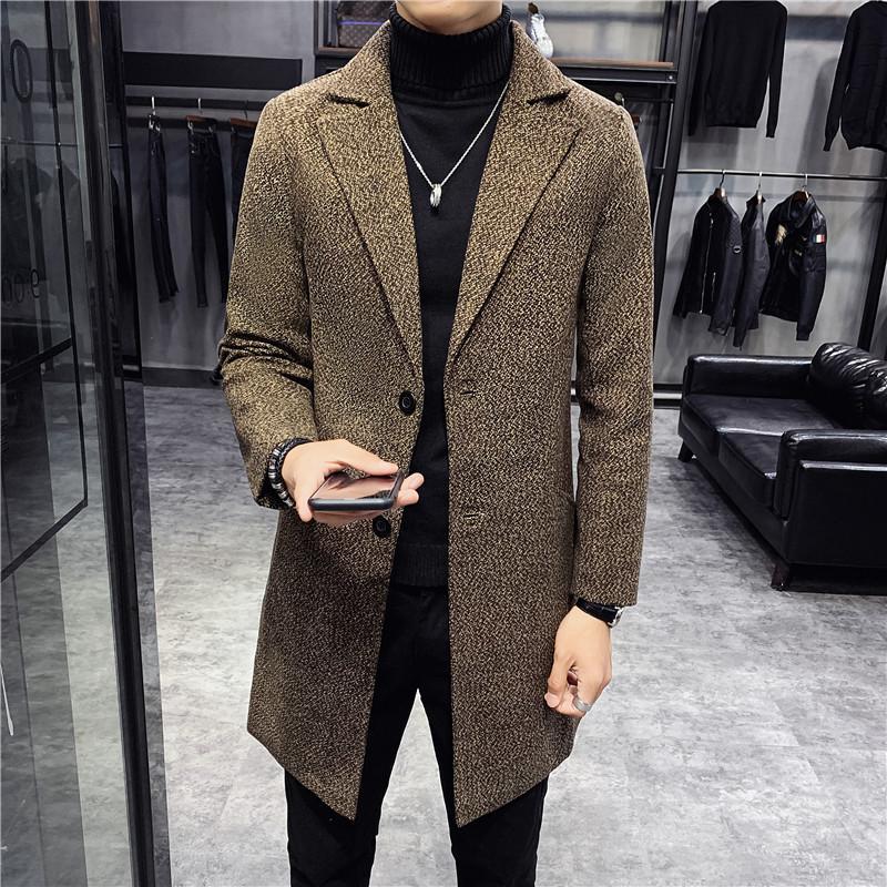Herbst und Winter Neuer Herren Woll Trenchcoat Slim Einreihiger Wollmantel Mittellanger Mantel