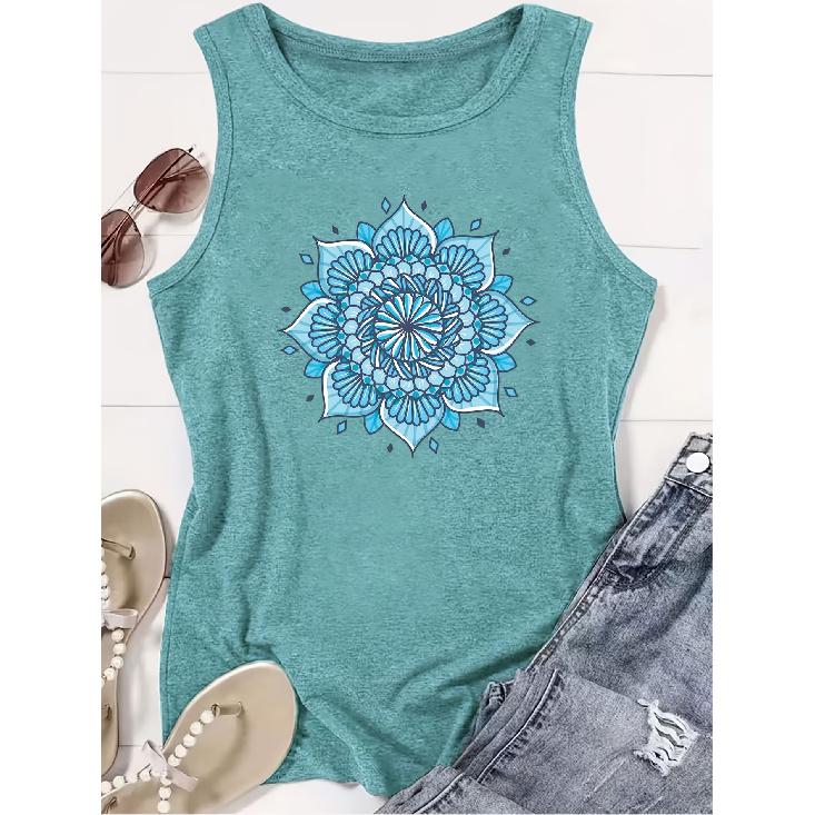 2026 New Spring & Summer Women's Round Neck Sleeveless Vest, featuring blue mandala geometric print.