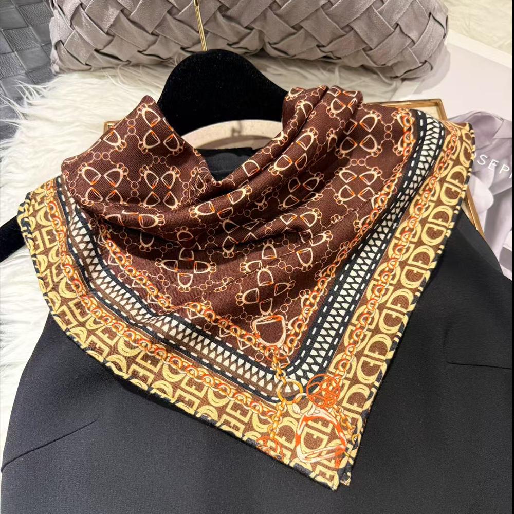 BYSIFA| Winter Brand Women Silk Scarves Hijabs Elegant Red Coffee Square 30% Silk 70% Wool Scarf Printed Neck Scarves 70*70cm