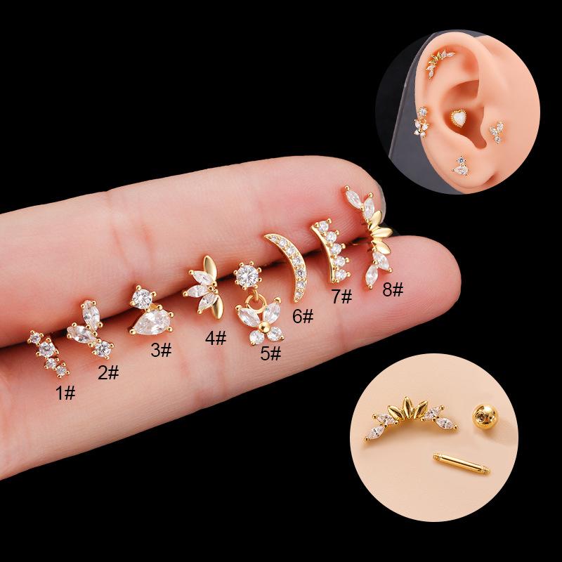 1Pc Moon Crown Cartilage Stud Earrings For Women Surgical Steel CZ Crystal Helix Tragus Conch Rook Ear Piercing Jewelry