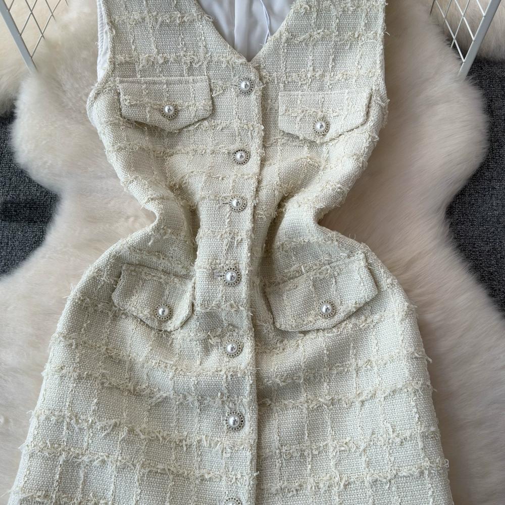 Letní ženy Sladké kostkované tvídové tvídové šaty do kanceláře Work Party Mini Krátká vesta