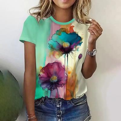 2024 Camiseta informal con estampado floral para mujer, camisetas de manga corta de gran tamaño para mujer, ropa de moda con cuello redondo para mujer, blusa nueva de verano