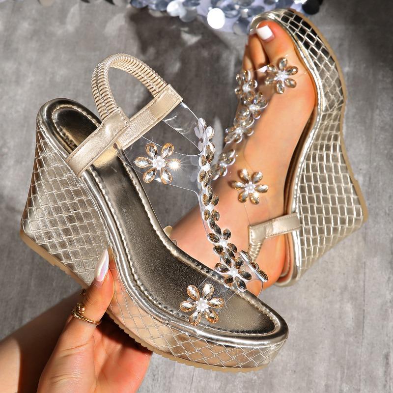 Muffin thick-soled wedge sandals women's summer new elastic band rhinestone flower water table fashion sandals