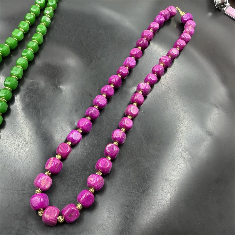 Agate Lane: Green Square Necklace, Sugar Cube Bracelet, Pink Irregular Bead Bracelet.