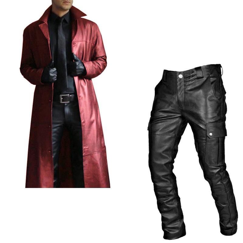 Best-selling men's leather trench coat set, leather jacket and pants two-piece set, PU leather casual set, magician outfit